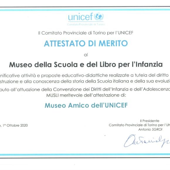 L’attestato di merito “Museo Amico dell’UNICEF” al MUSLI